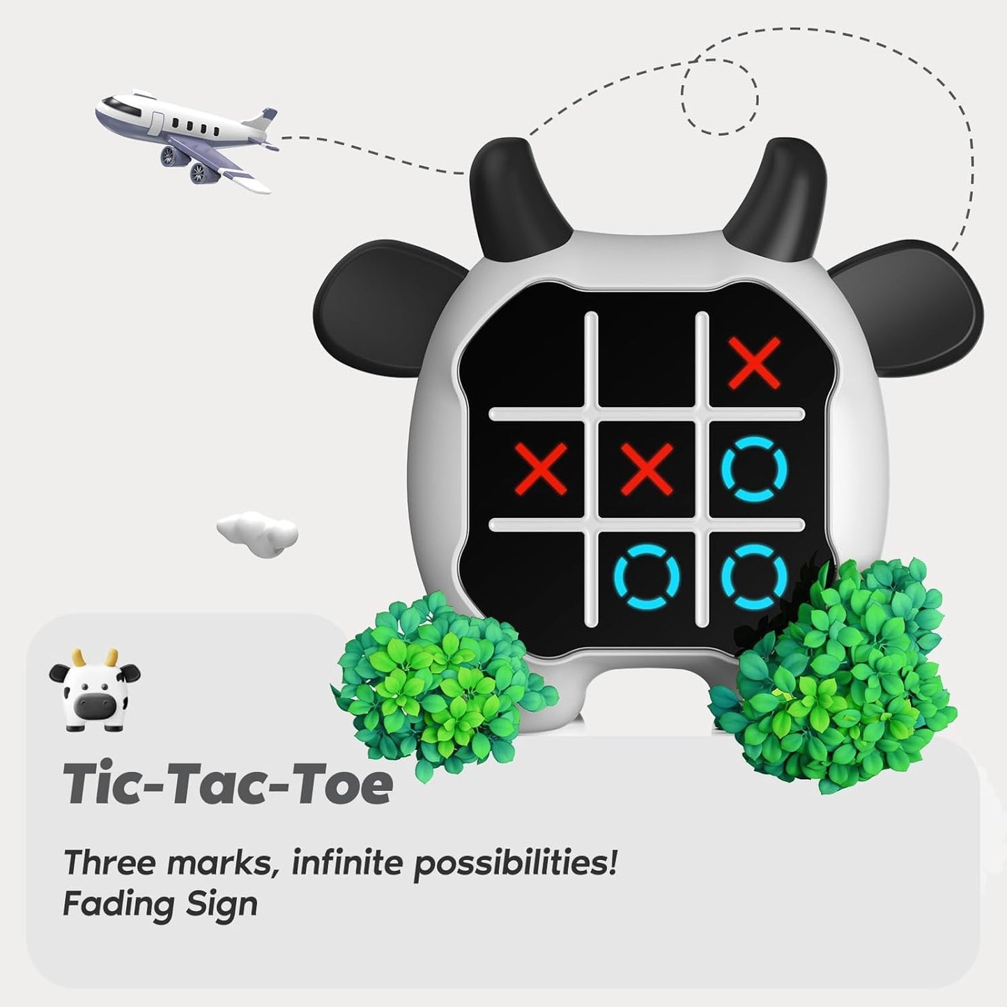 Tic Tac Toe Game, Animal-Themed 3-in-1 Handheld Puzzle Game Console, Board Games for Kids and Adults, Portable Travel Games for Car Ride, Birthday Gifts for Ages 3 (Cow)