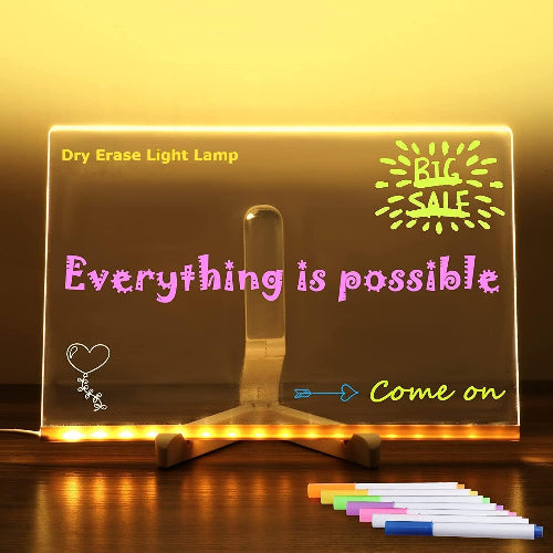 3D Acrylic Dry Erase Board with Light up Dry Erase Board with Stand as a Glow Memo LED
