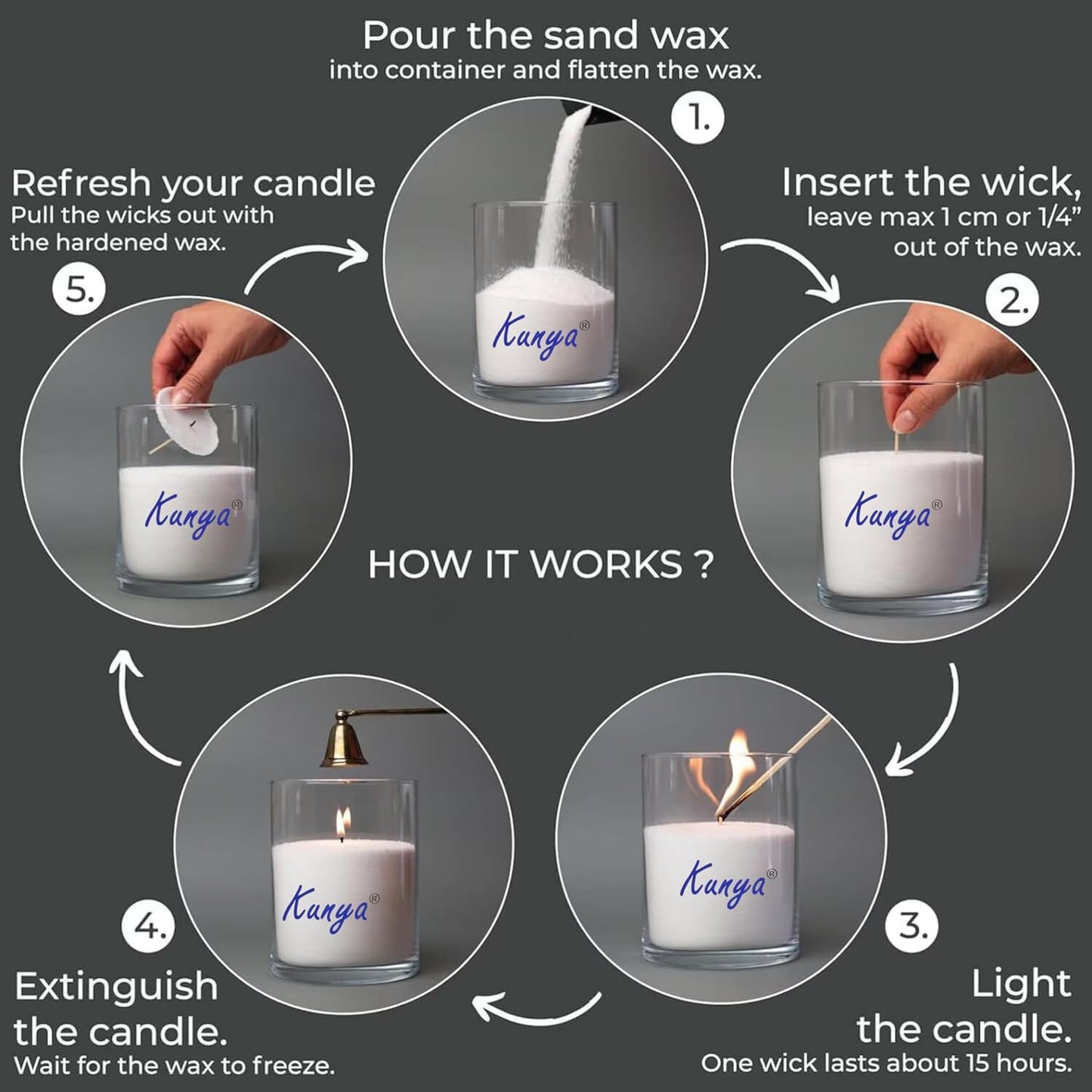 Kunya DIY Sand Wax Powder Candle Making Kit With Natural Coconut Shell Refillable Beaded Pearled All Natural Reusable Self Extinguish Candle for Home Decor (200 GM)