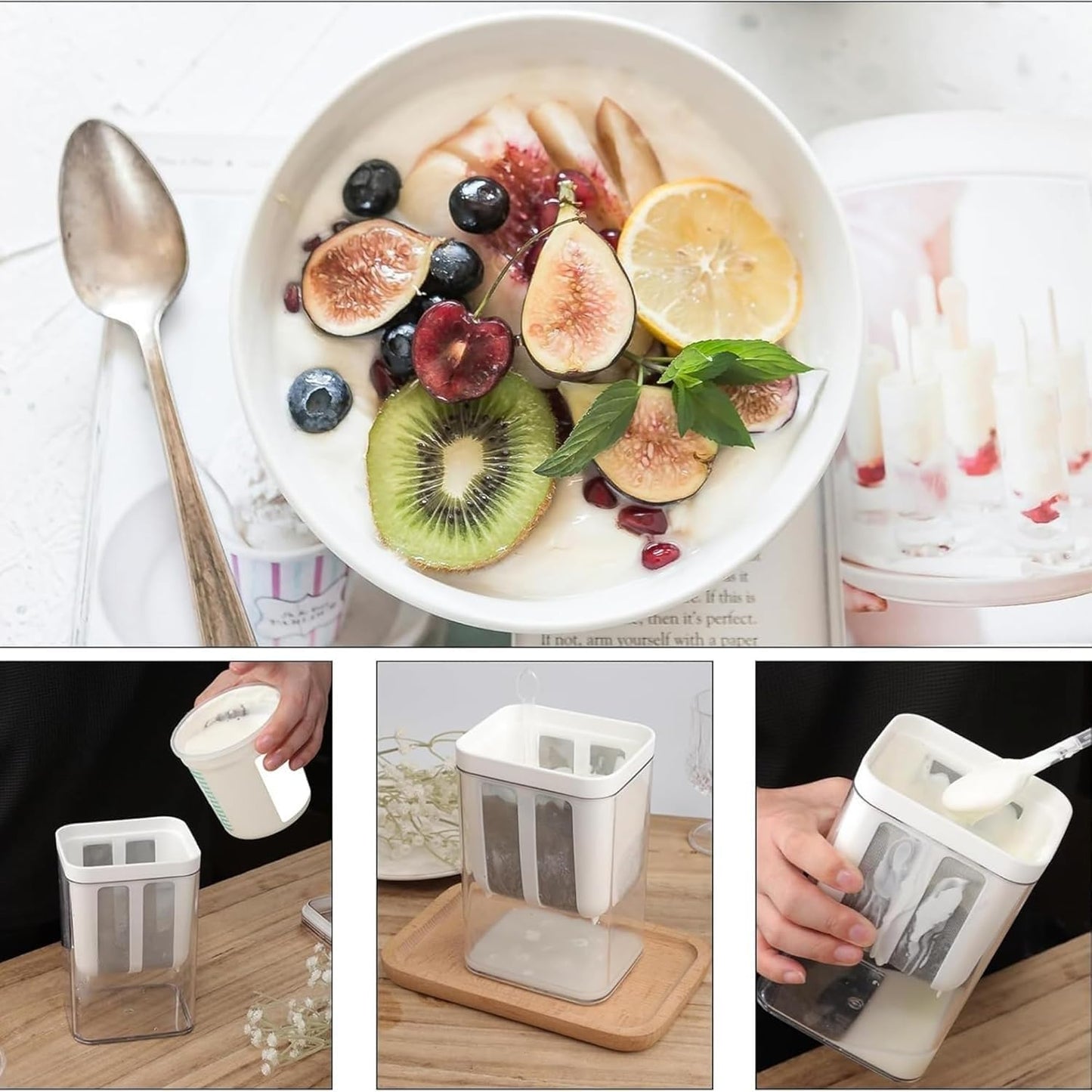 Kunya 1100ML Yogurt Filter Strainer BPA-Free Greek Yoghurt Curd Maker Multifunctional with fine mesh & lid for Coffee Soybean Milk Soup Fruit Juice