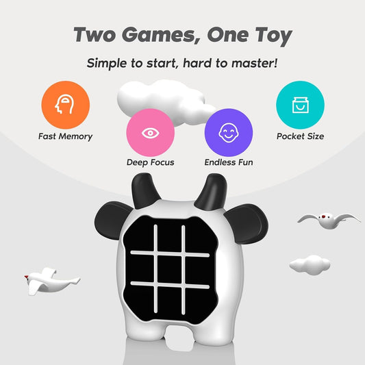 Tic Tac Toe Game, Animal-Themed 3-in-1 Handheld Puzzle Game Console, Board Games for Kids and Adults, Portable Travel Games for Car Ride, Birthday Gifts for Ages 3 (Cow)