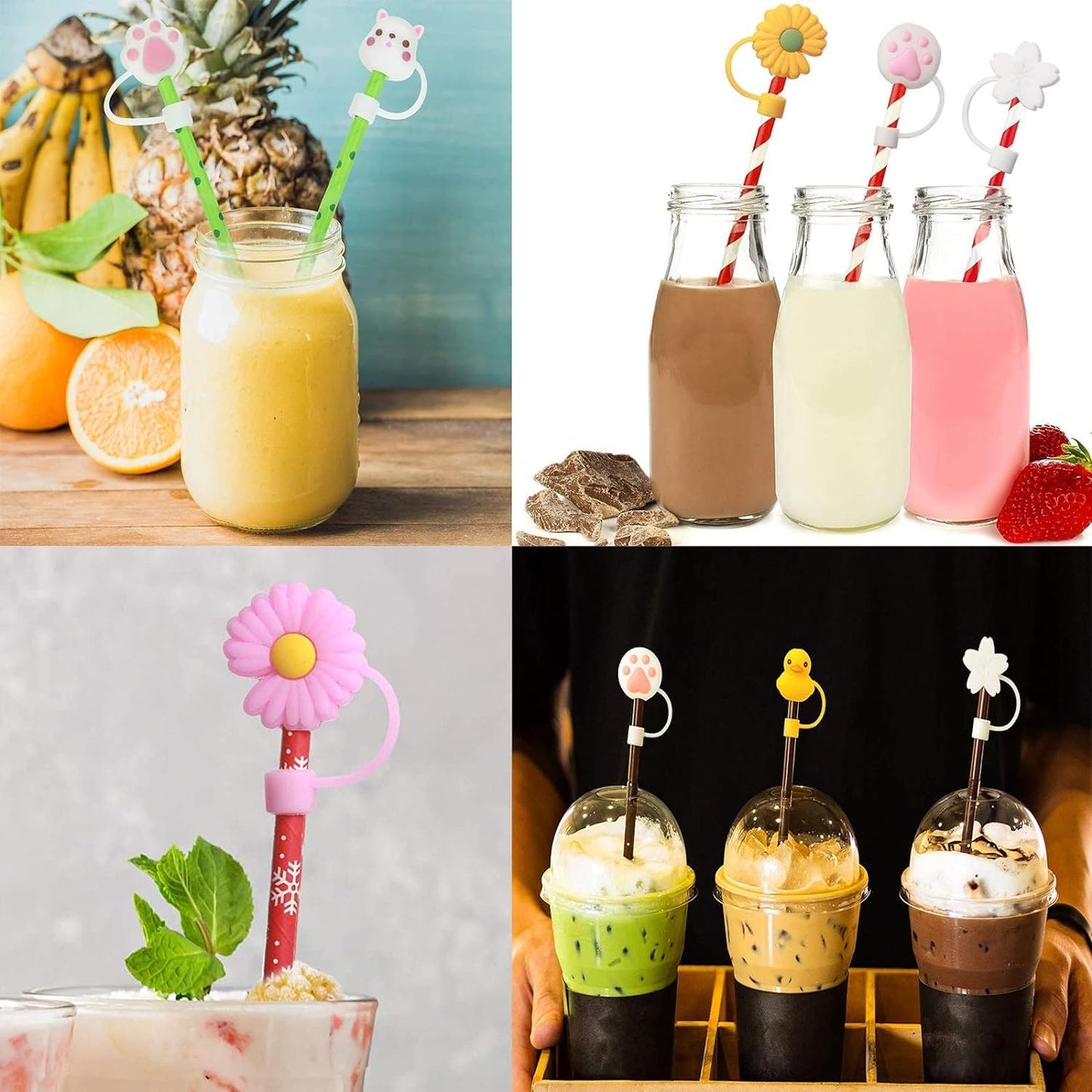 4Pcs Silicone Straw Cover Cap | Reusable Cute Cartoon Straw Cap | Dust-Proof Drinking Straw Tips Lids Cover (no Straw Included) (Size : 10mm, Multi-Design)